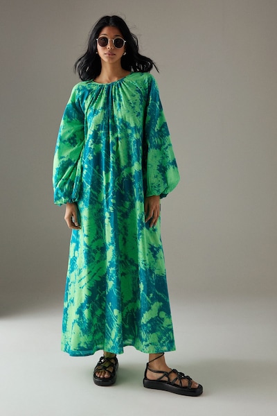 Warehouse Cotton Trapeze Smock Midi Dress Blue