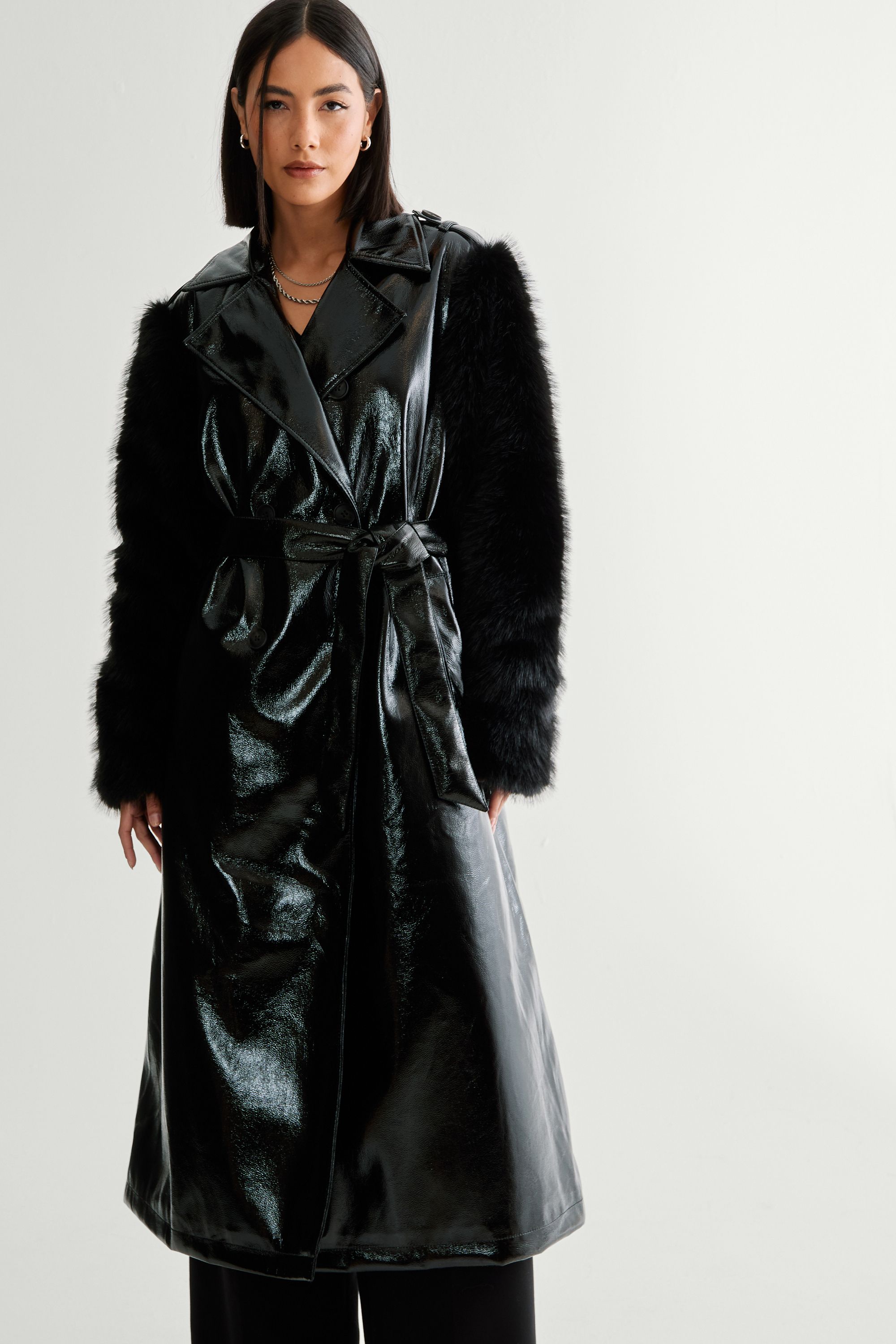 NastyGal Premium Vinyl Fur Trim Coat True Black image 3