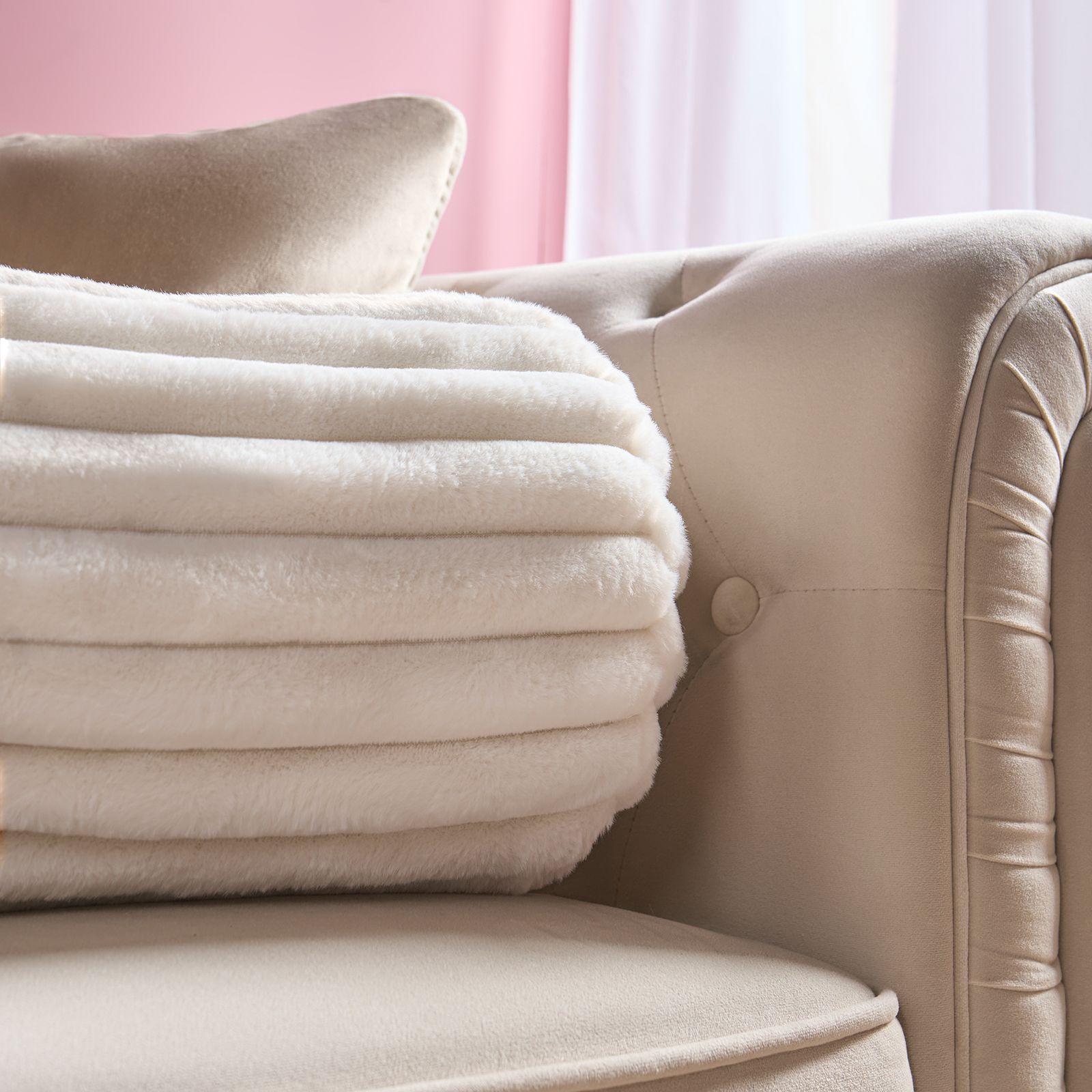 OHS Faux Fur Ribbed Round Bolster Cushion Neck Roll Pillow image 2