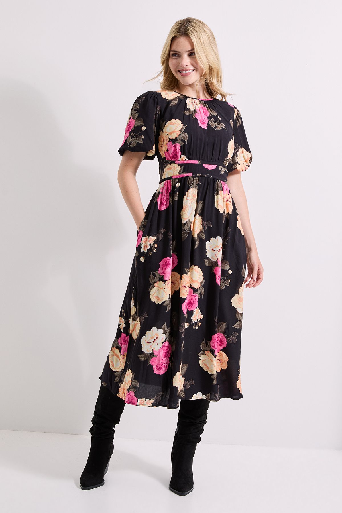 Dorothy Perkins Black Floral Dropped Waist Puff Sleeve Midi Dress Black image 1