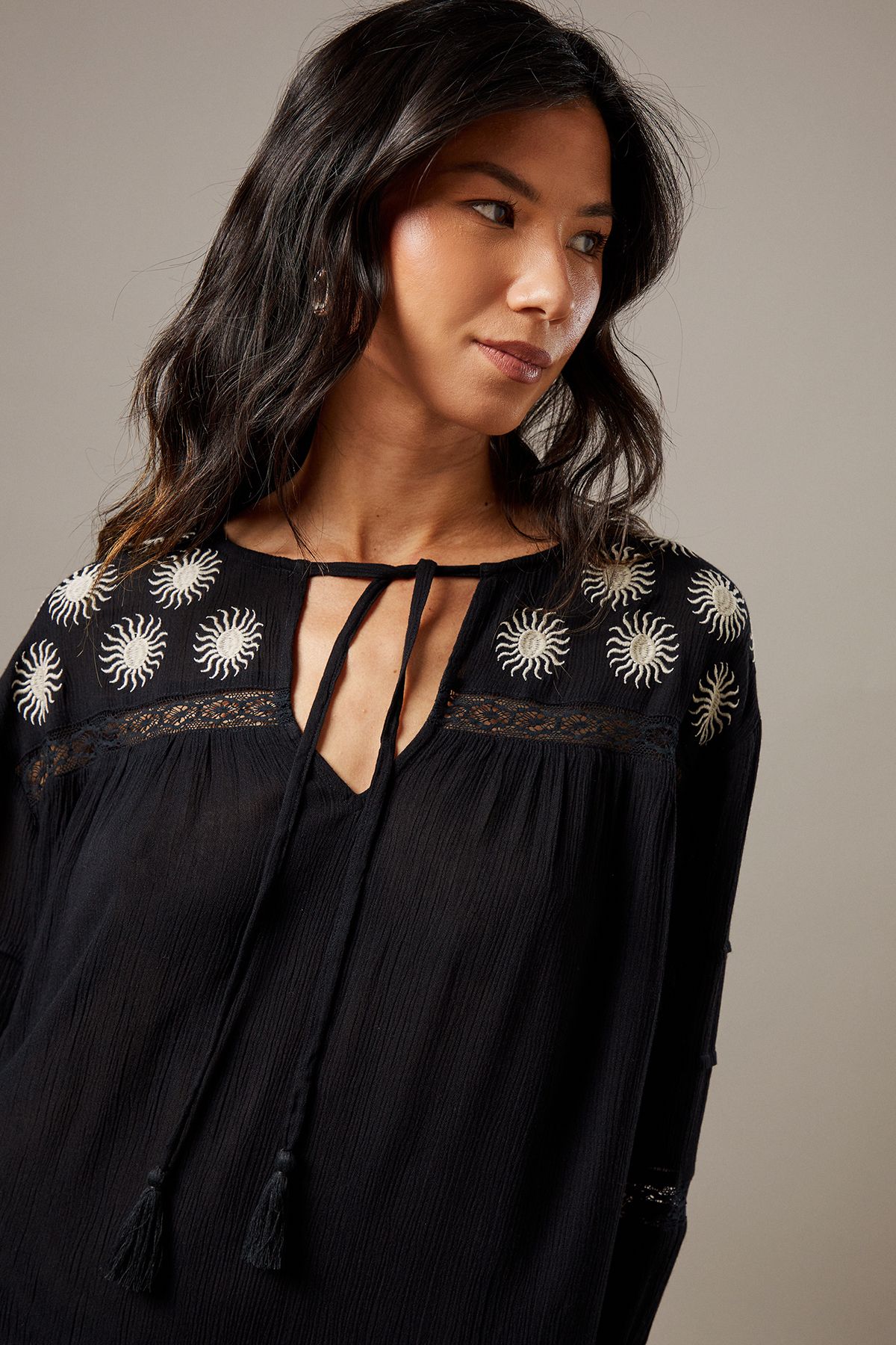 Warehouse Cheesecloth Embroidered Trim Insert Midi Smock Dress Black image 4