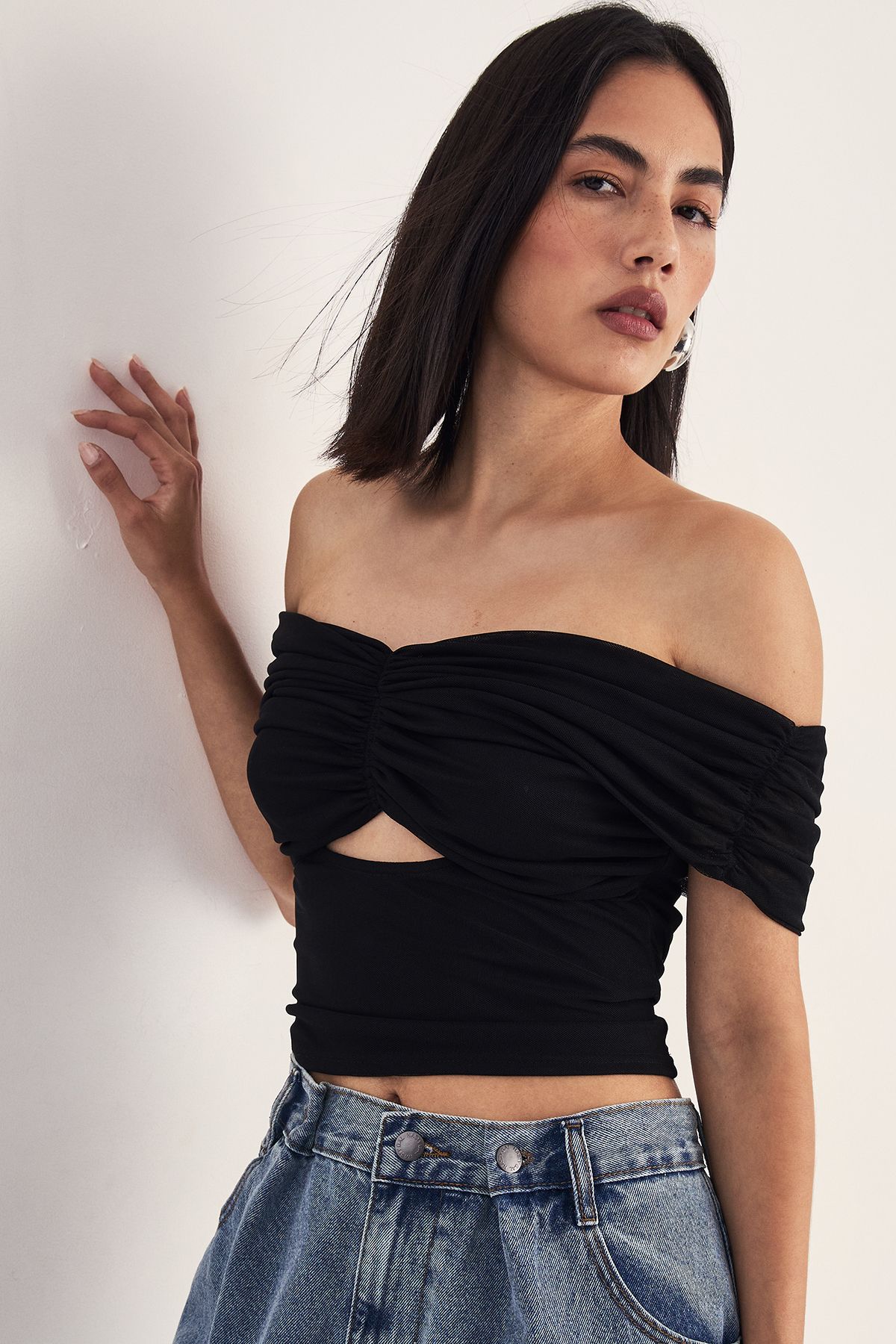 NastyGal Ruched Bardot Cut Out Top Black image 3