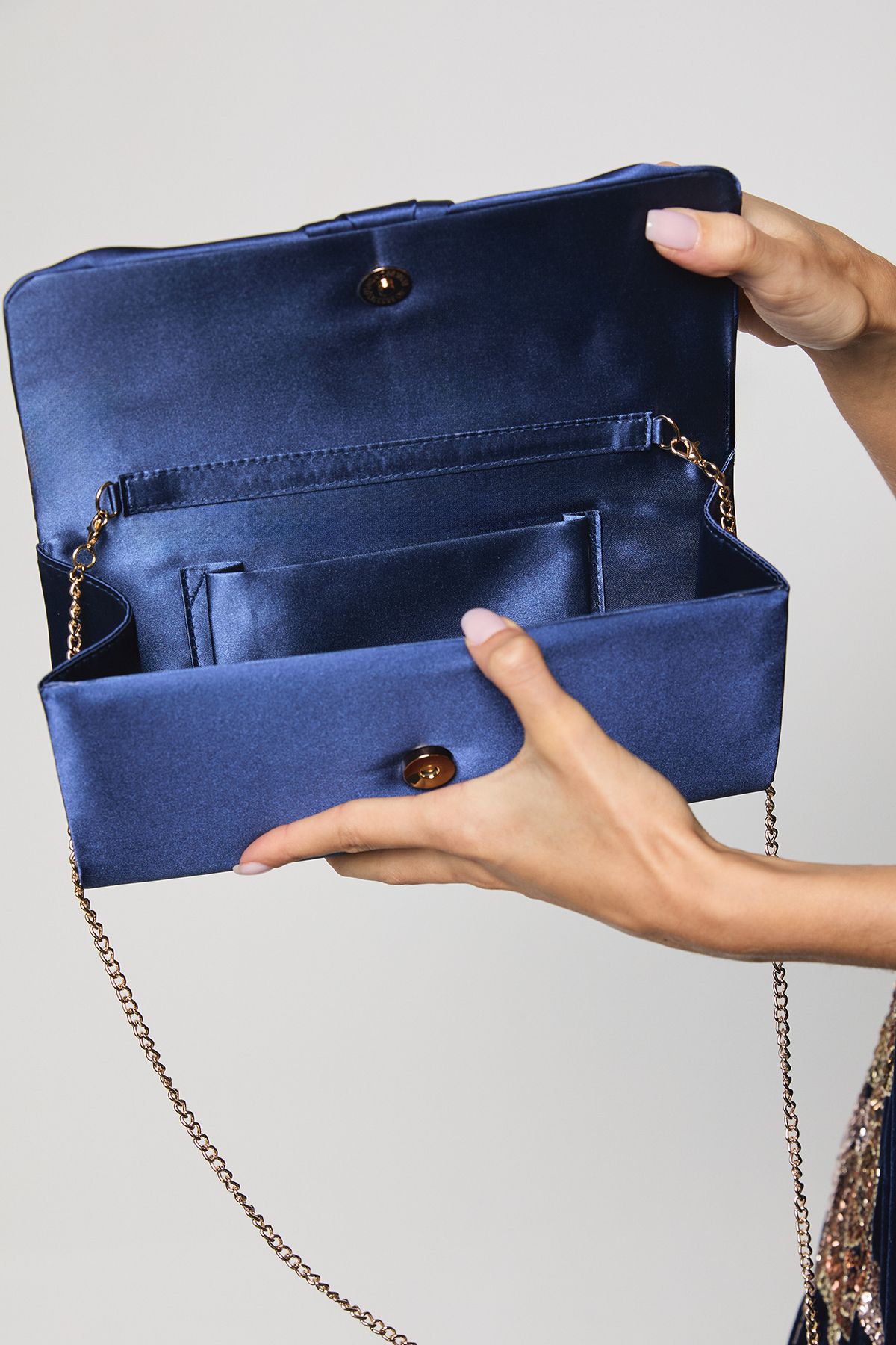 Coast Emma Satin Detail Chain Clutch Bag Navy image 3