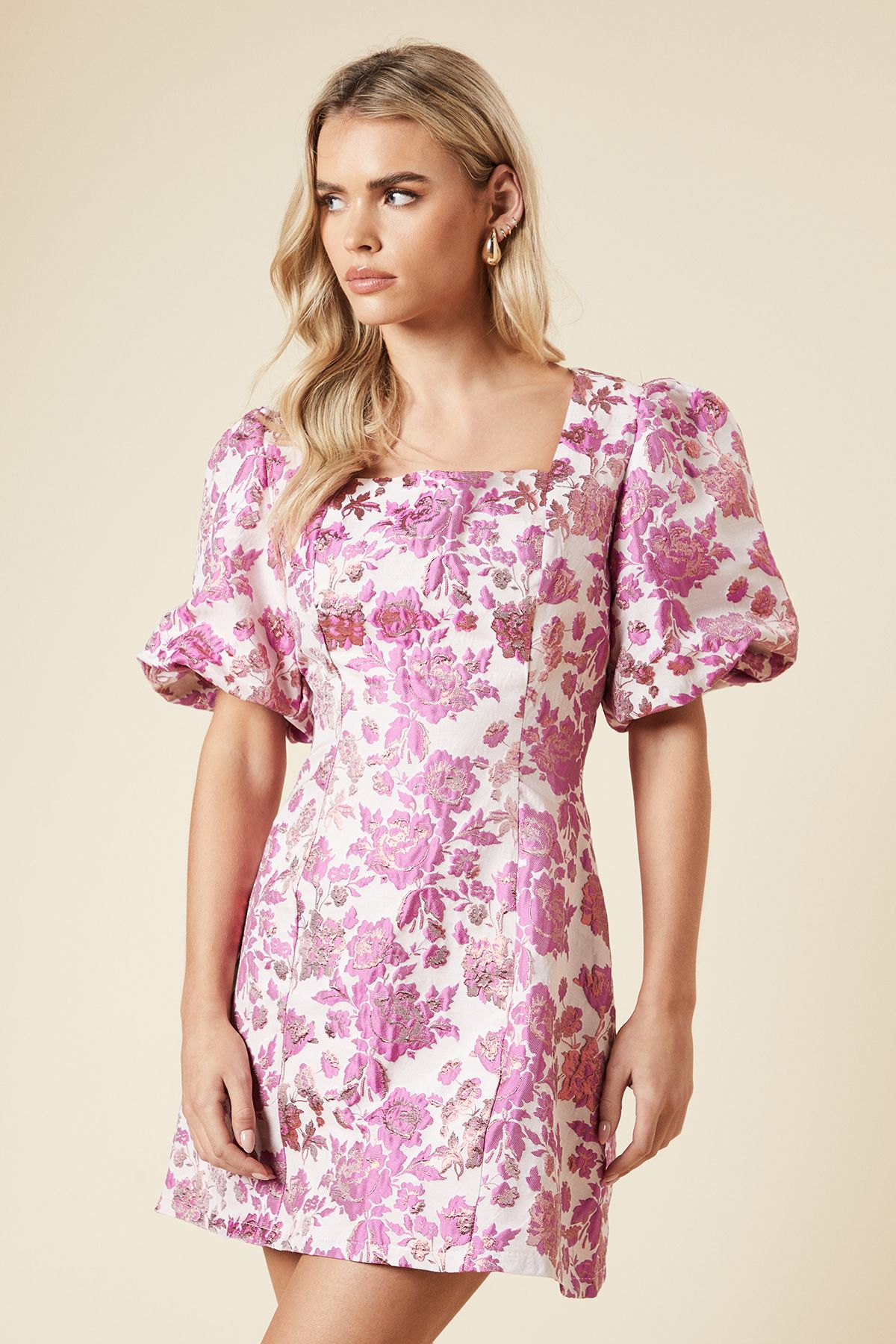 Dorothy Perkins Petite DP Luxe Jacquard Square Neck Mini Dress Pink image 1