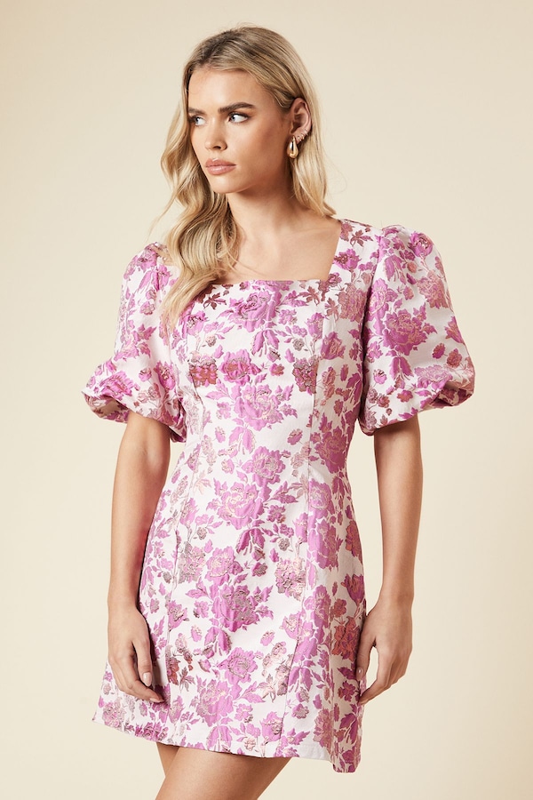 Dorothy Perkins Petite DP Luxe Jacquard Square Neck Mini Dress Pink
