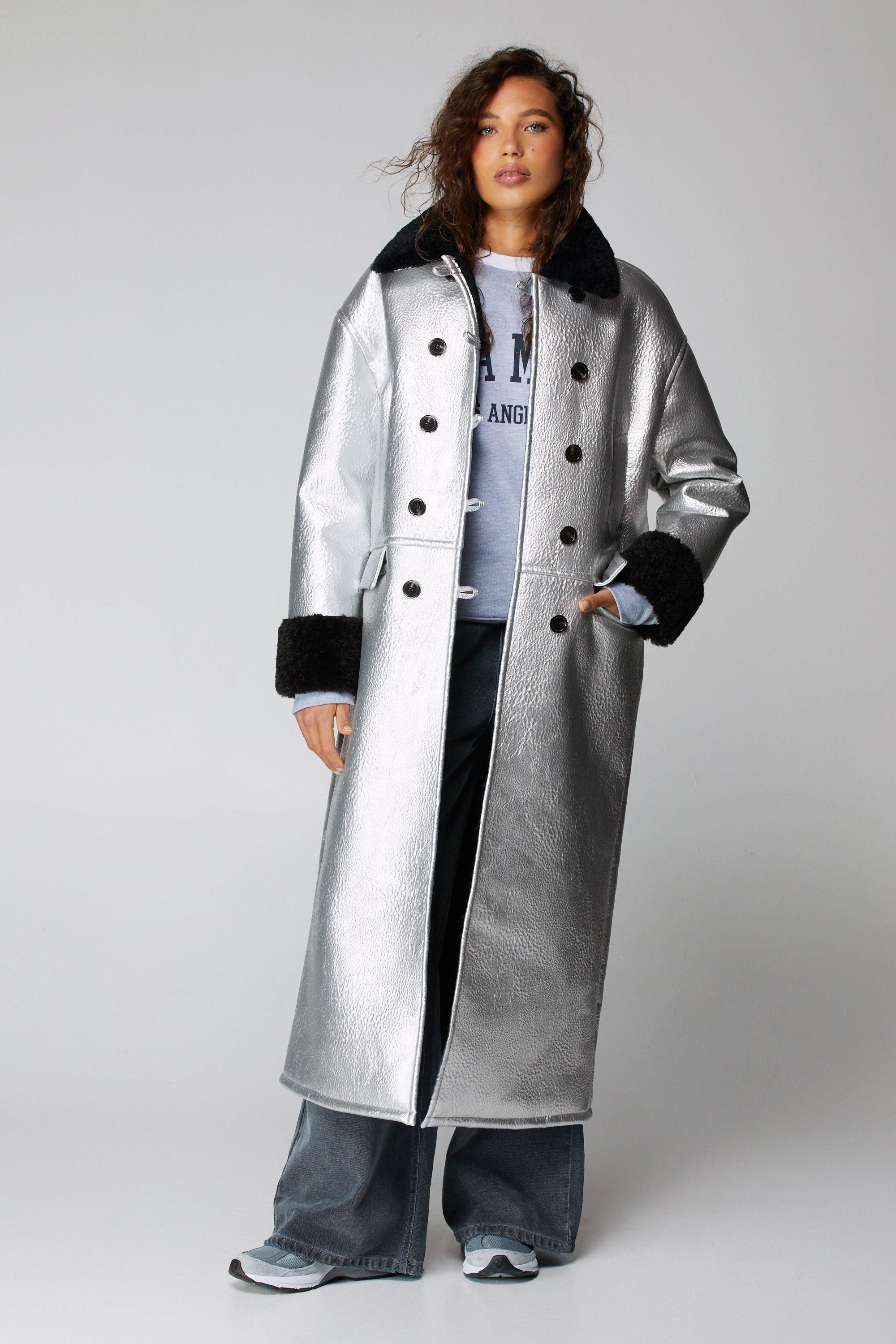 NastyGal Premium Faux Leather Metallic Bonded Maxi Aviator Jacket Silver image 1