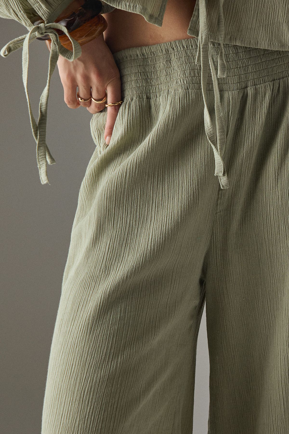 Warehouse Cheesecloth Shirred Waist Wide Leg Trousers Khaki image 5