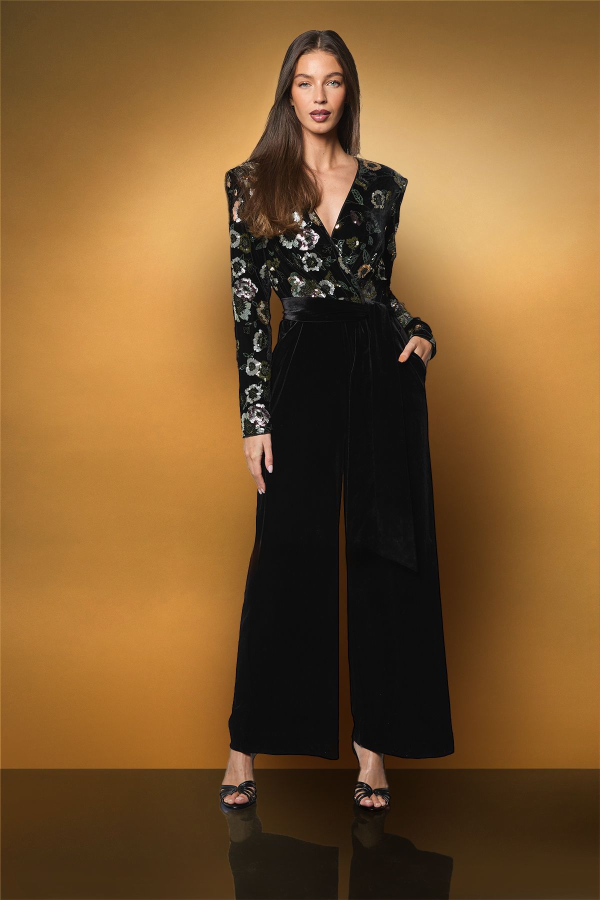 Coast Long Sleeve Beaded Floral Wide Leg Velvet Jumpsuit Black