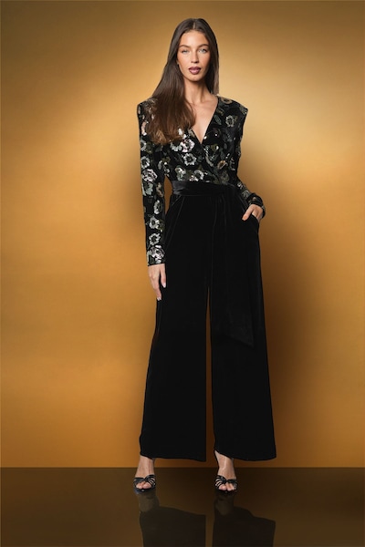 Coast Long Sleeve Beaded Floral Wide Leg Velvet Jumpsuit Black