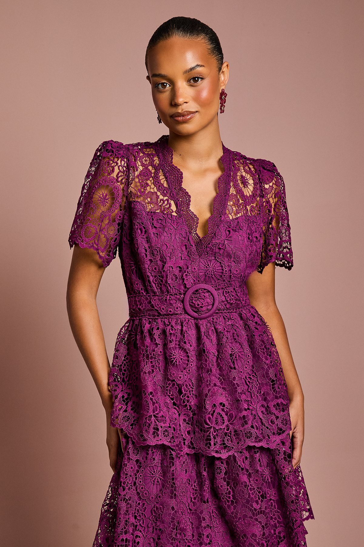 Coast Petite Short Sleeve V Neck Tiered Lace Midi Dress Plum image 2