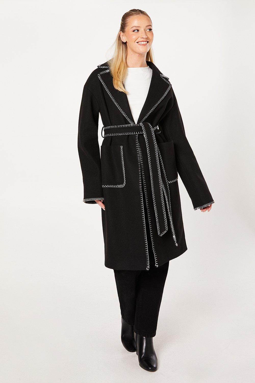 Dorothy Perkins Whipstitch Wrap Midi Coat Black image 4