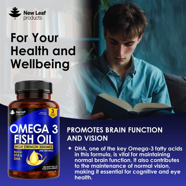 New leaf health Omega 3 2000mg Capsules - High Dose Fish Oil - Enriched with Vitamin E - One A Day Pure Fish Oil Gel Capsule - Helps Maintain Healthy Eyes, Brain Function, & Skin - GMO-Free, GMP, & UK Made image 3