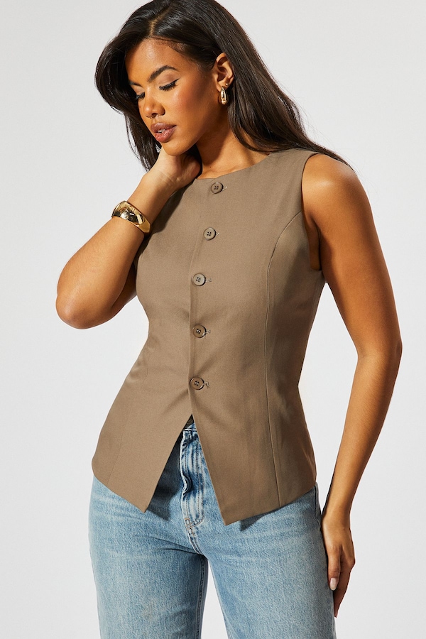 MissPap Tailored High Neck Waistcoat Taupe