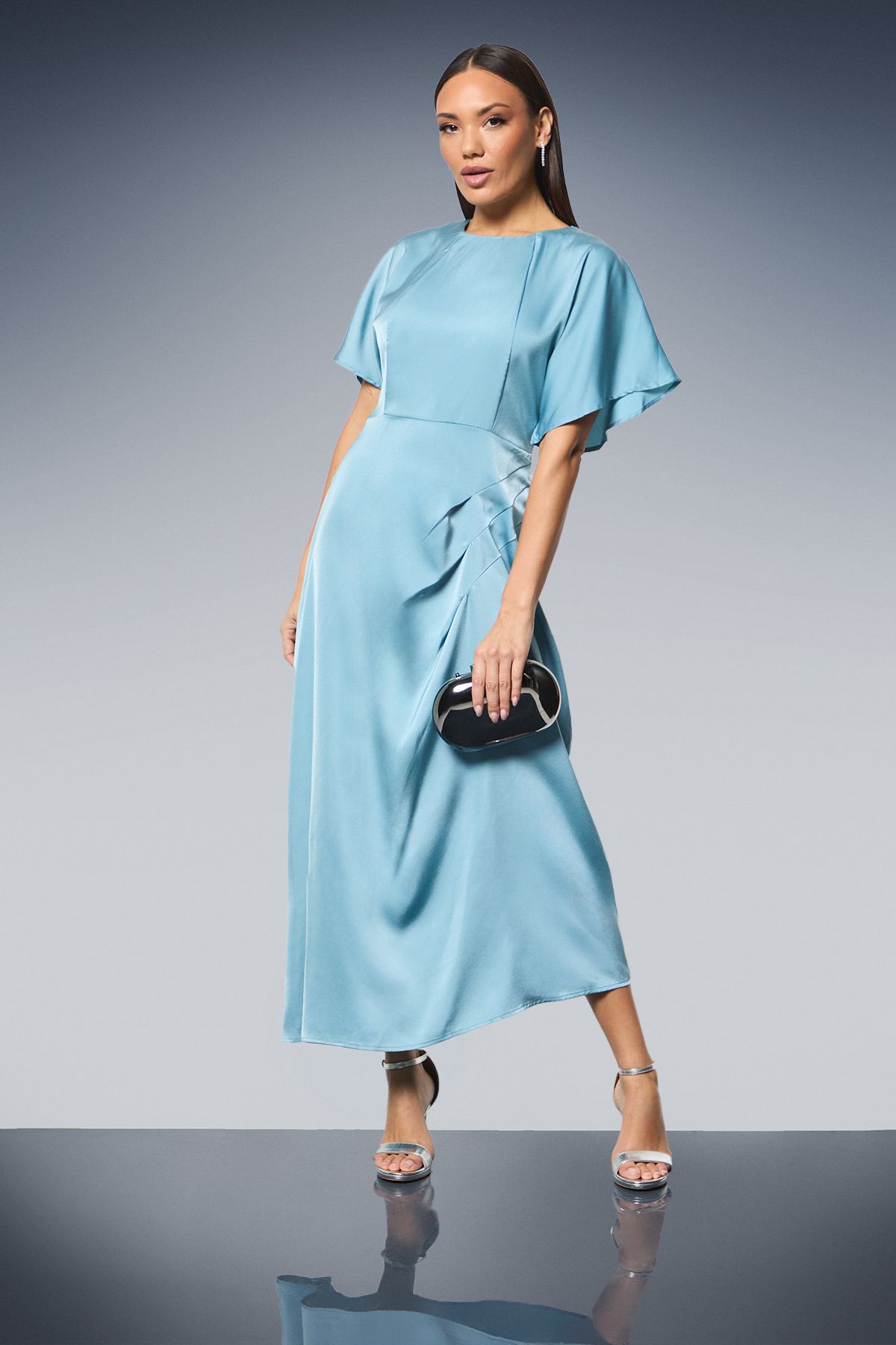Principles Flutter Sleeve Pleat Detail Satin Midi Dress Light Blue