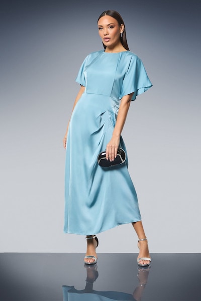 Principles Flutter Sleeve Pleat Detail Satin Midi Dress Light Blue