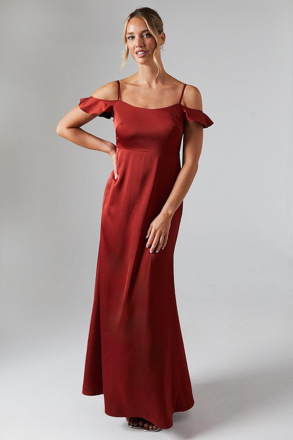 Oasis Cold Shoulder Satin Bridesmaids Midaxi Dress Rust