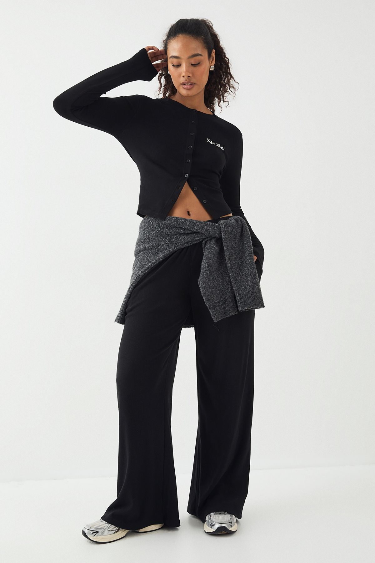 DSGN Studio DSGN Studio Ribbed Script Embroidery Button Through Long Sleeve Top Black image 3