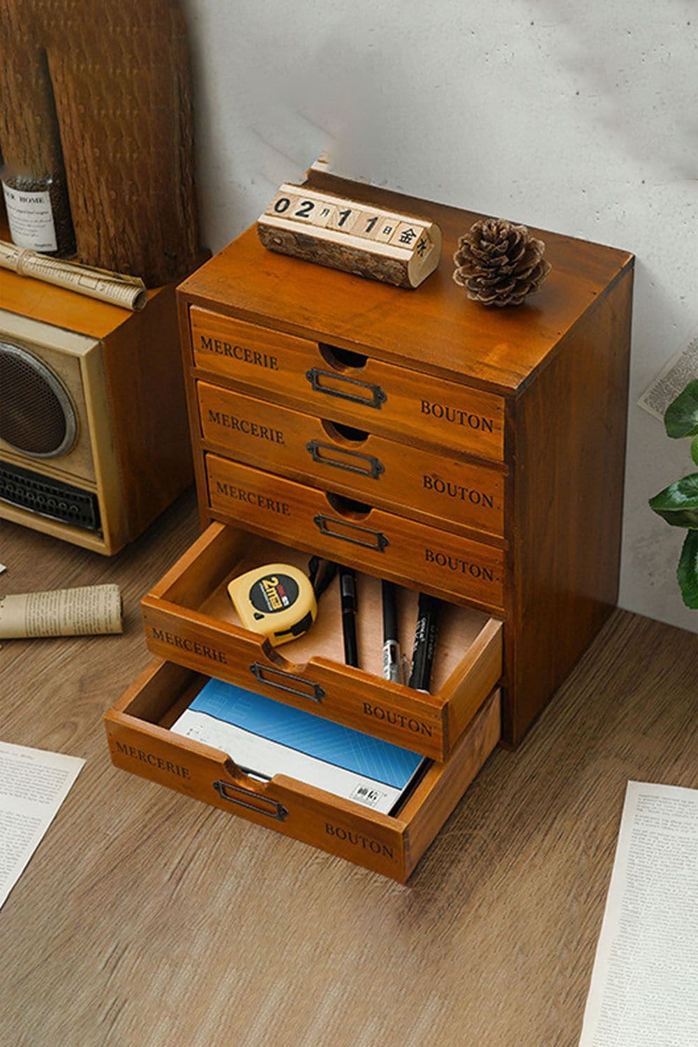 Living and Home Vintage Wooden Storage Box Brown Home Office Desk Organizer With 5 Drawers image 2