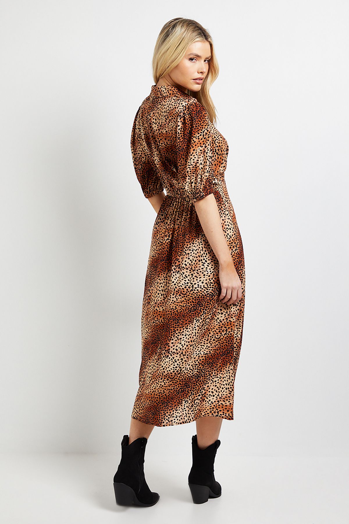 Dorothy Perkins Leopard Collared Button Detail Puff Sleeve Midi Dress Leopard image 3