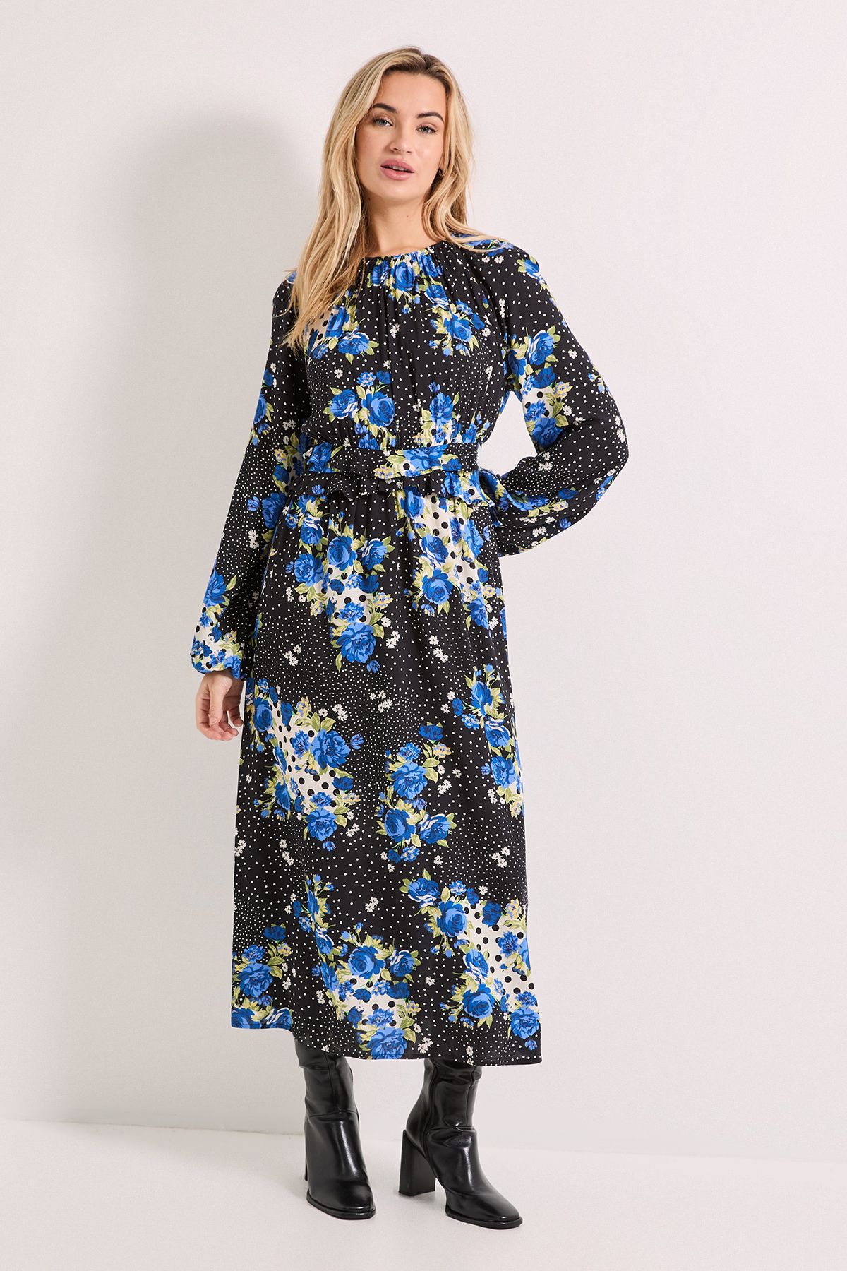Dorothy Perkins Floral Spot Frill Waist Detail Blouson Sleeve Midi Dress Multi image 1
