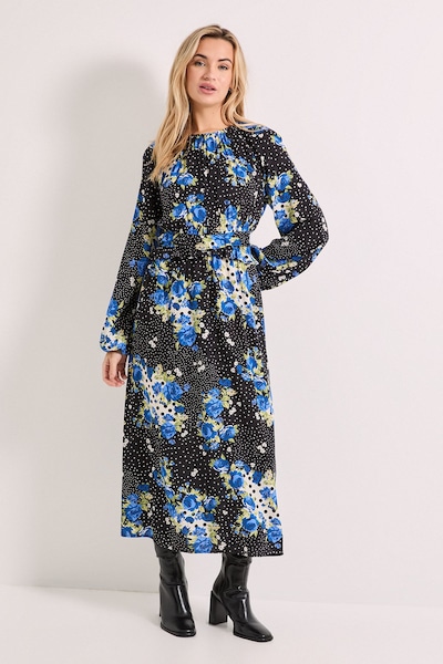 Dorothy Perkins Floral Spot Frill Waist Detail Blouson Sleeve Midi Dress Multi