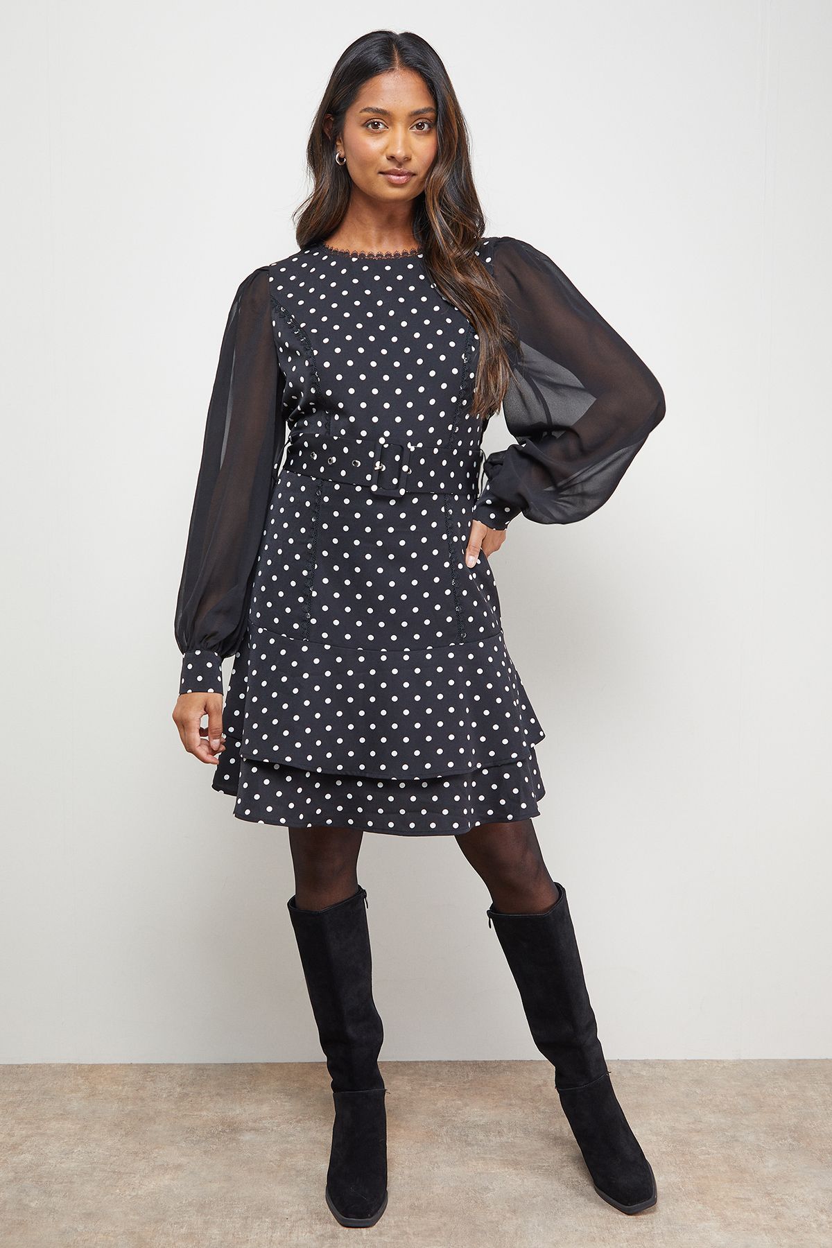 Oasis Polkadot Belted Balloon Sleeve Flippy Mini Dress Mono image 1