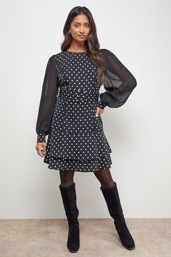 Oasis Polkadot Belted Balloon Sleeve Flippy Mini Dress Mono