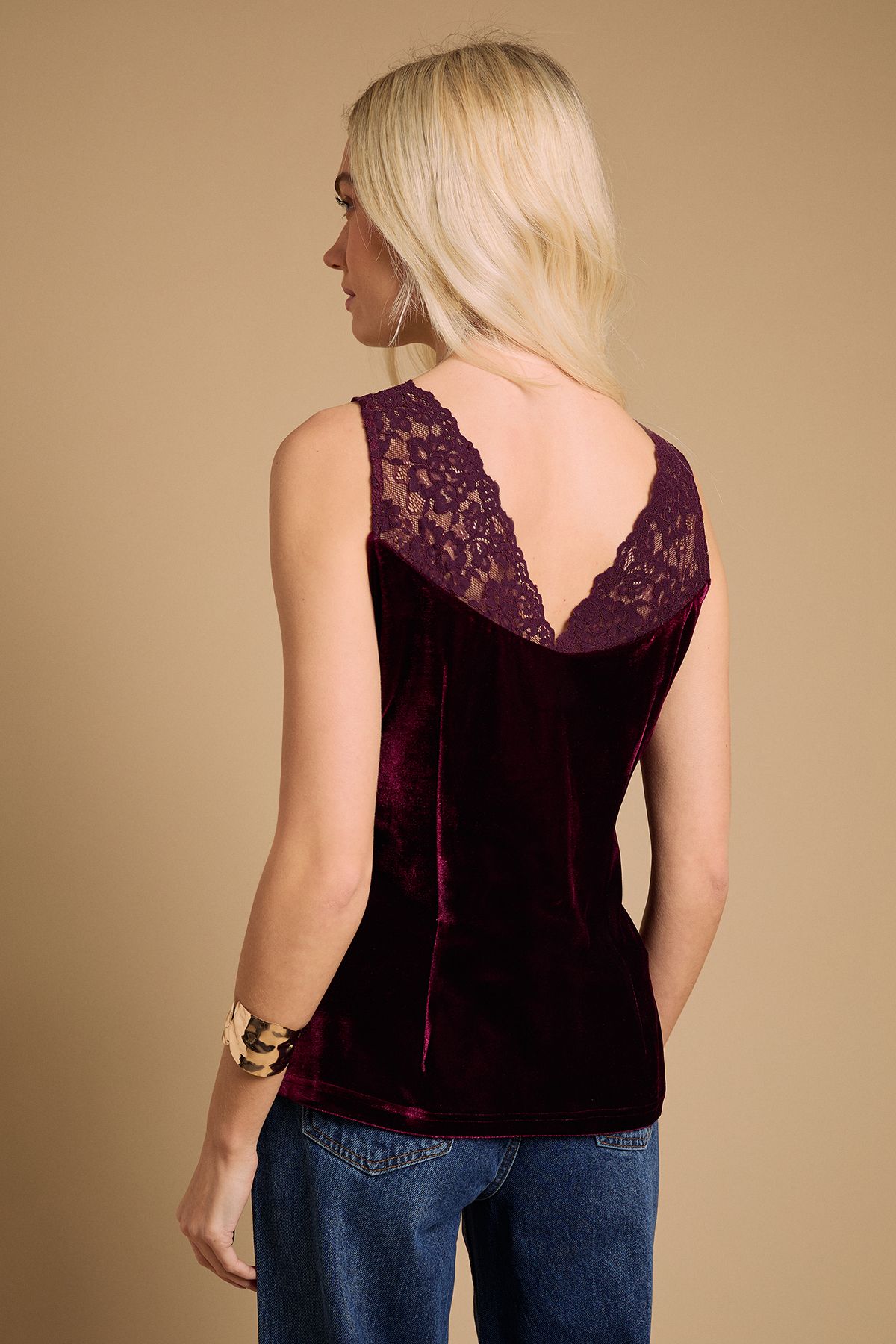 Oasis Velvet Lace Detail V Neck Cami Top Wine image 4