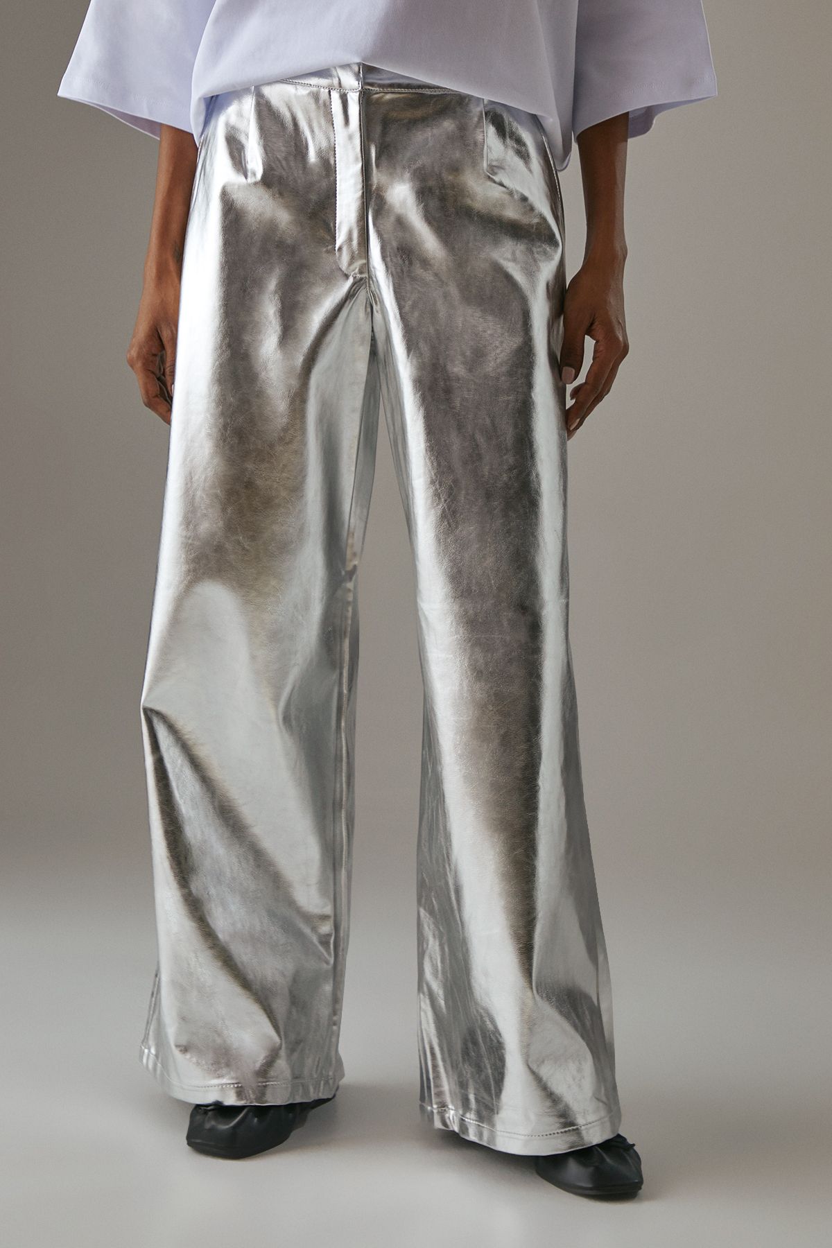 Warehouse Metallic Wide Leg Trouser Metallic Silver