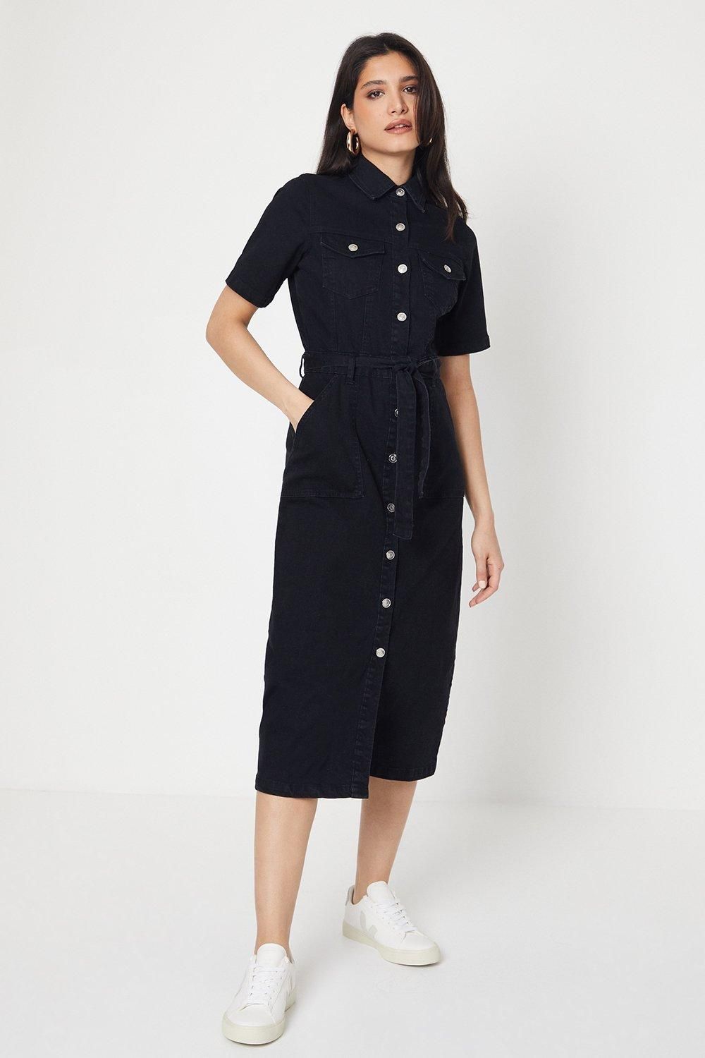 Dorothy Perkins Denim Short Sleeve Midi Dress Black image 1