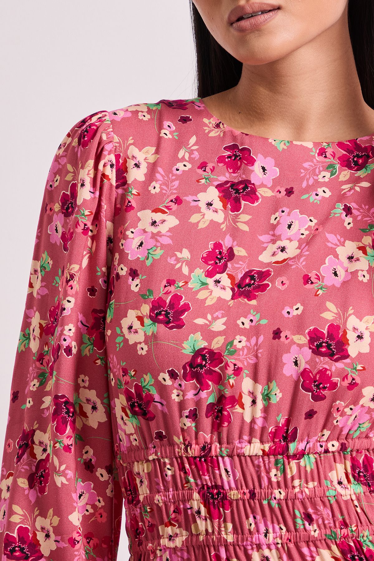 Dorothy Perkins Petite Shirred Dropped Waist Detail Printed Midi Dress Dusty Pink image 4