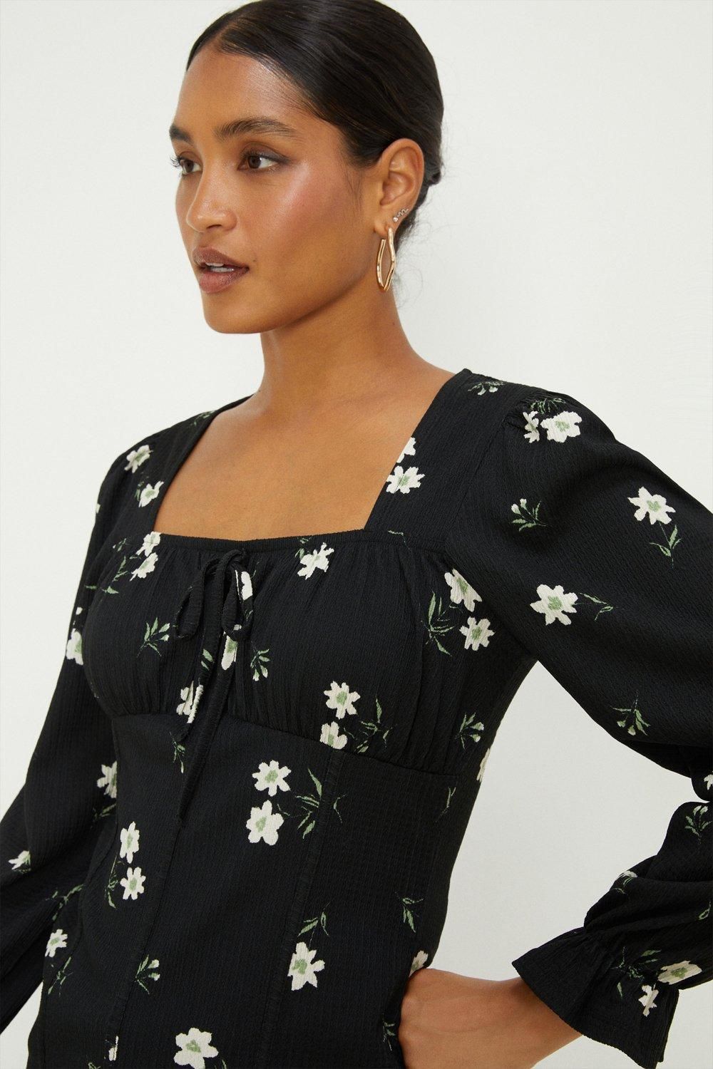 Dorothy Perkins Floral Shirred Cuff Textured Long Sleeve Top Mono image 2