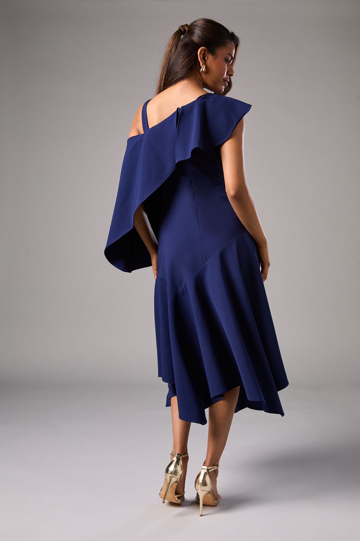 Coast Petite One Shoulder Ruffle Crepe Midi Wedding Guest Dress Navy image 3
