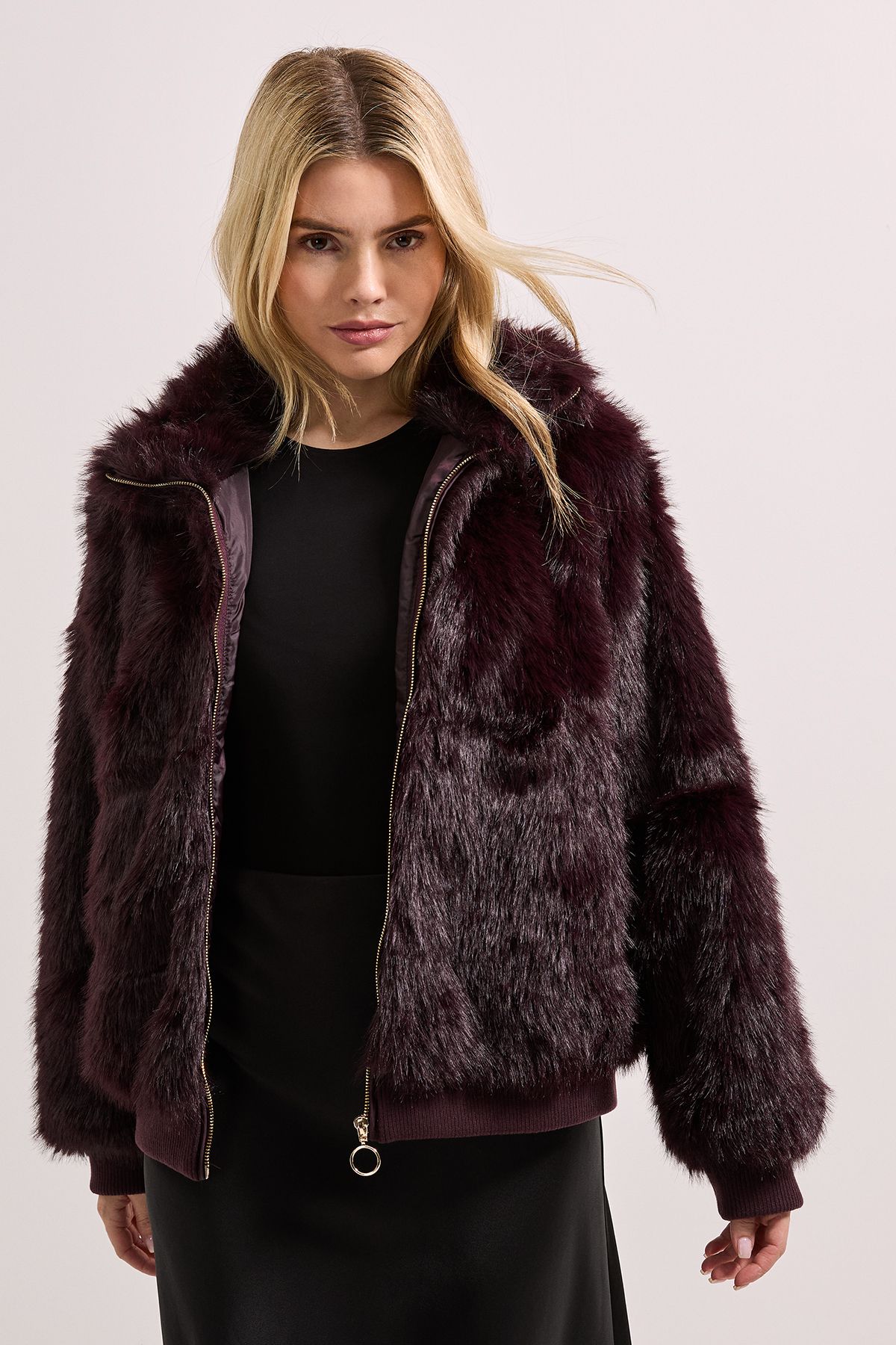Dorothy Perkins Faux Fur Bomber Jacket Berry image 1