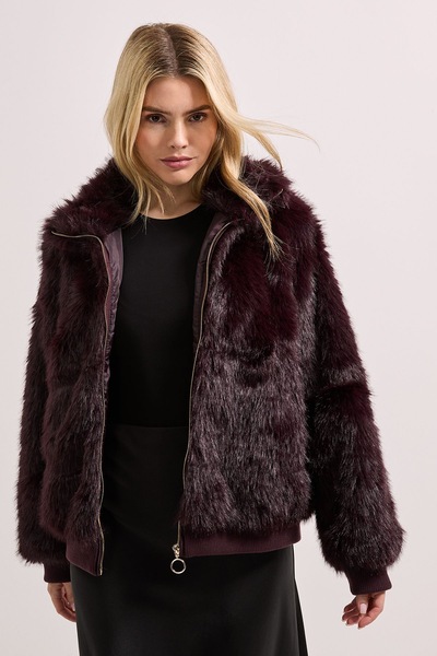 Dorothy Perkins Faux Fur Bomber Jacket Berry