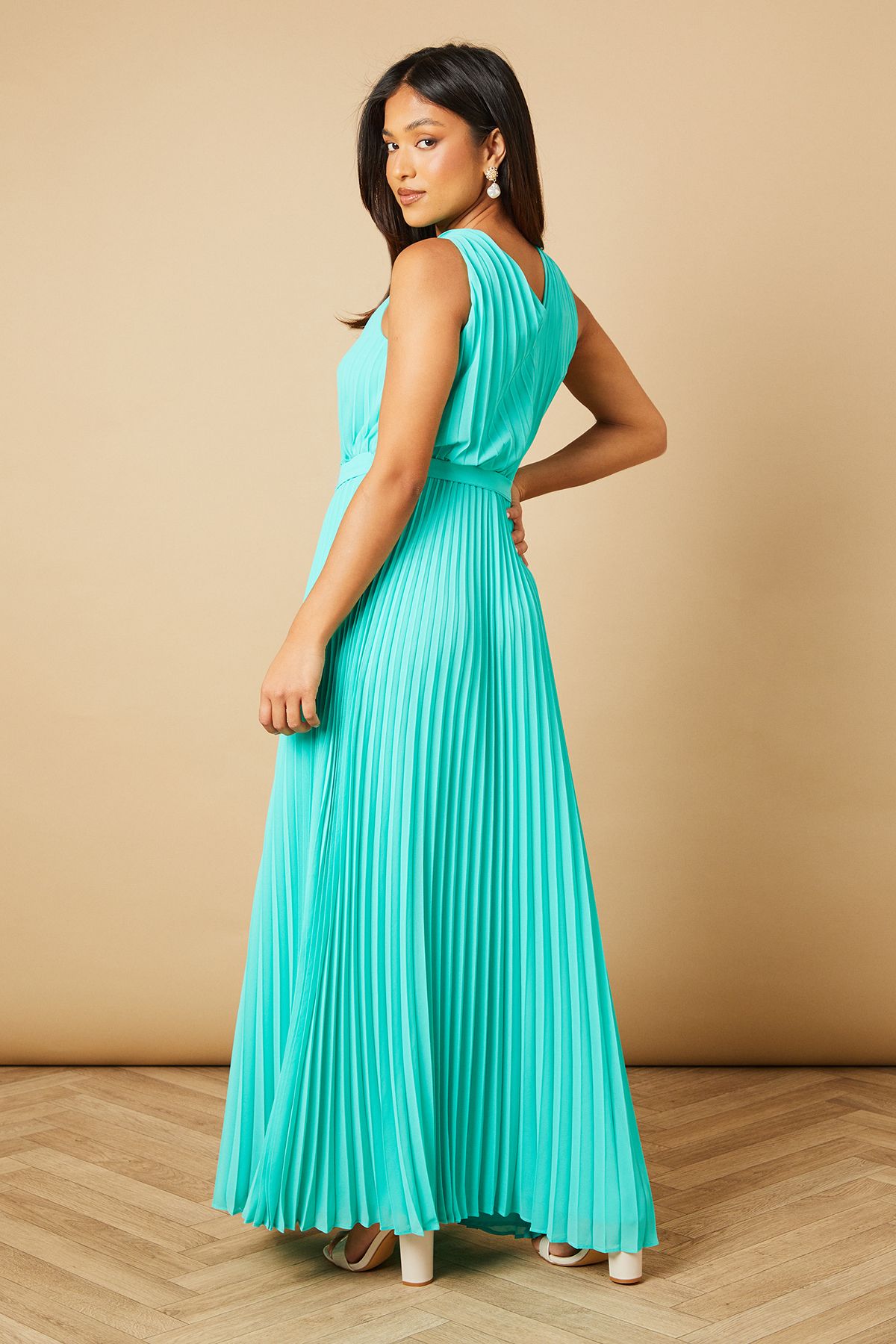 Oasis Petite Halterneck Pleated Tie Detail Midi Dress Aqua image 4
