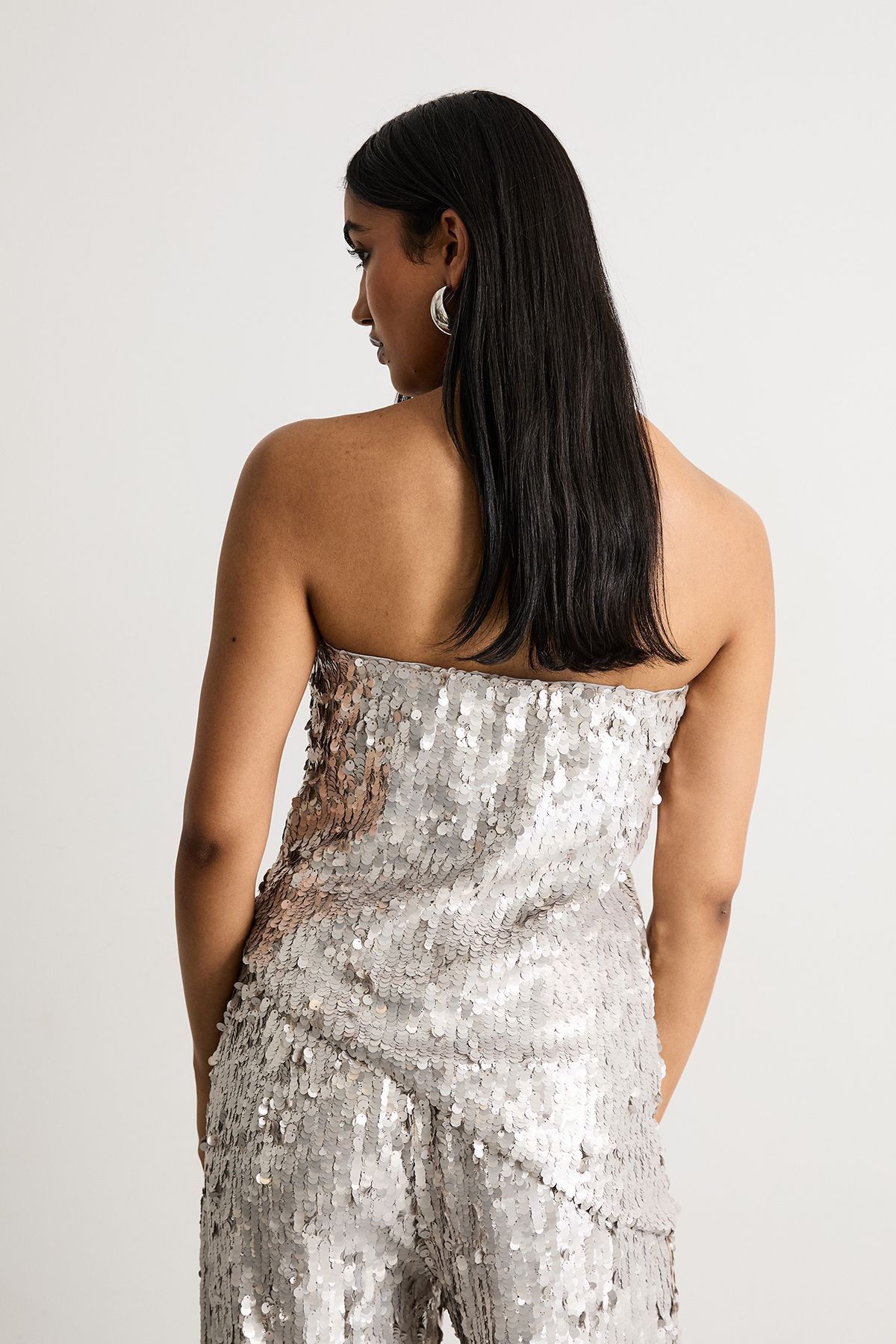 Warehouse Premium Matte Sequin Bustier Top Silver image 3