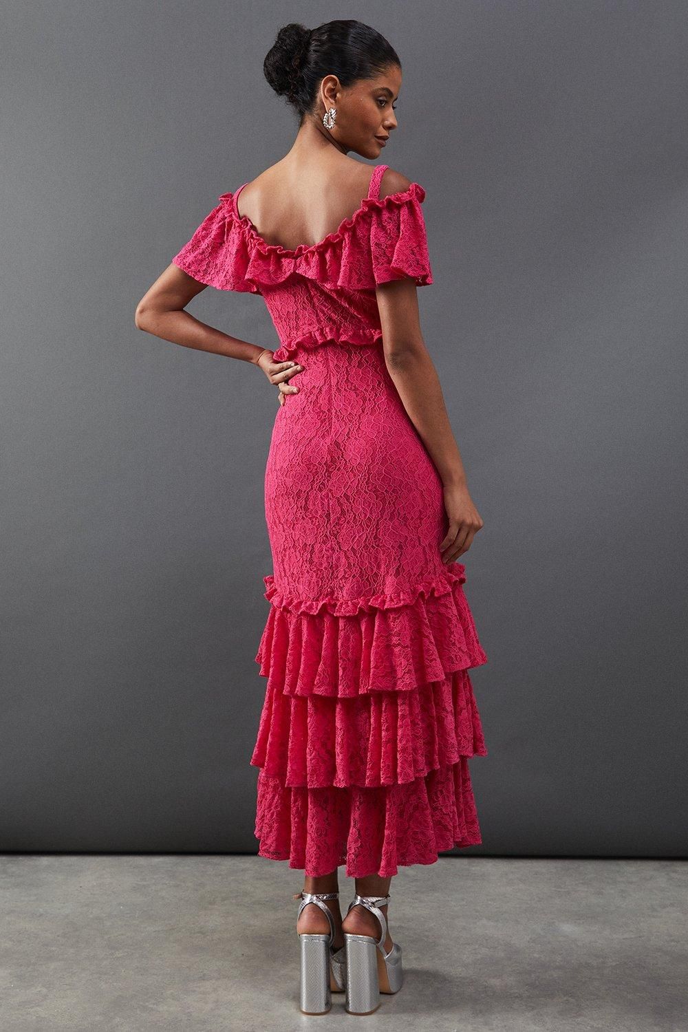 Warehouse Corded Lace Ruffle Fallen Shoulder Midi Dress Pink image 3