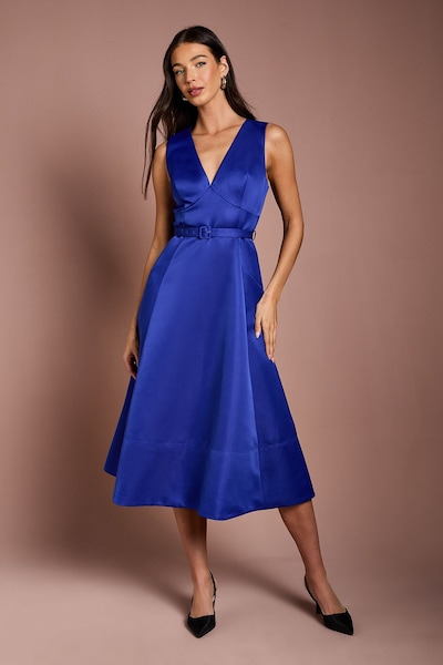Coast V Neck Structured Satin Belted Midi Dress Cobalt