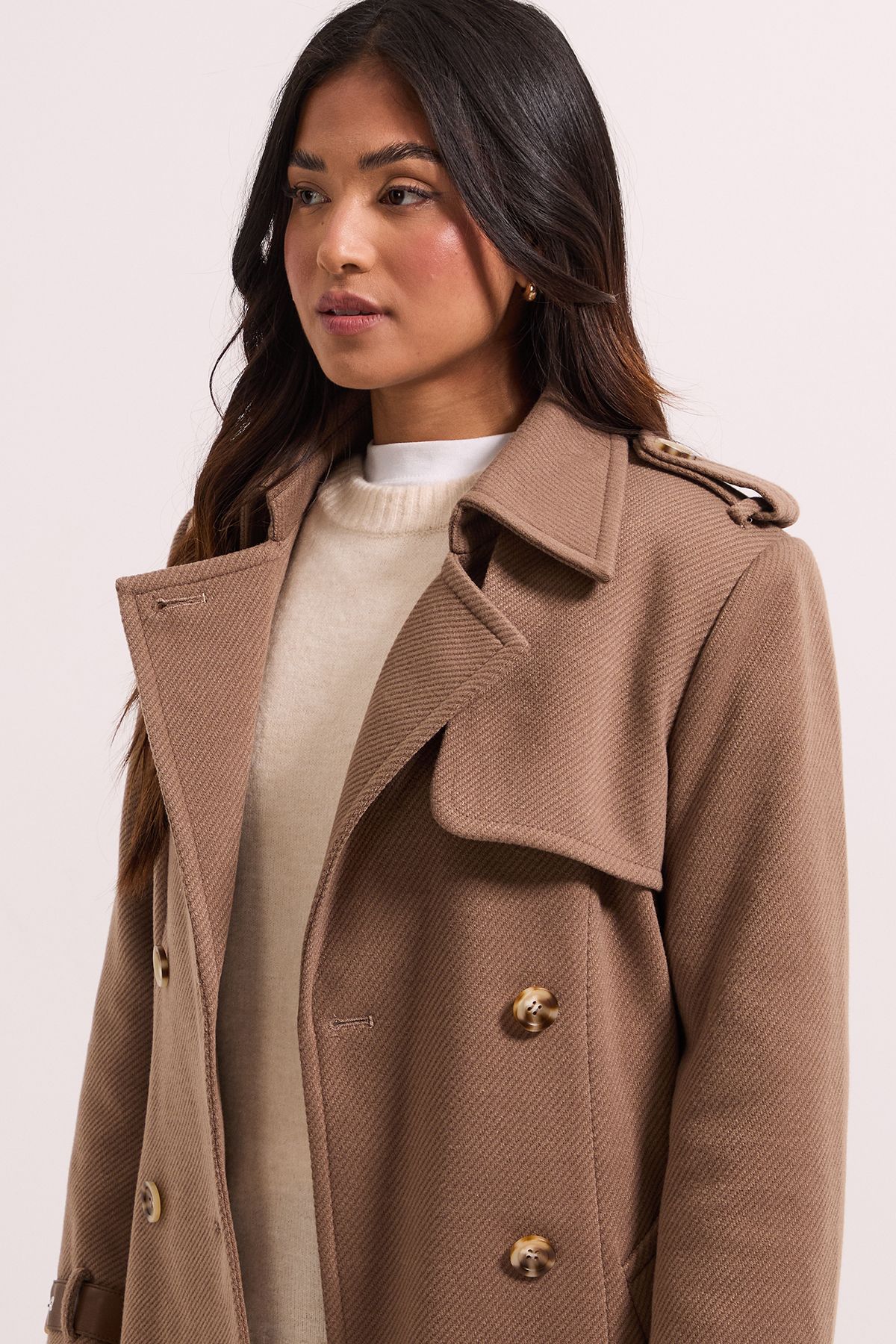 Dorothy Perkins Petite Cuff Detail Buttoned Longline Coat Mocha image 3