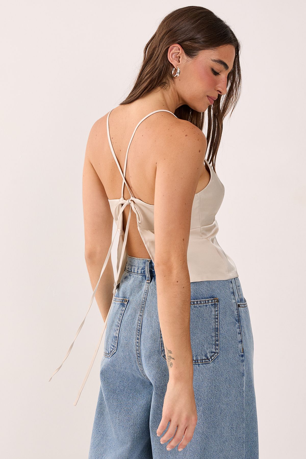 NastyGal Satin Tie Back Cami Top Beige image 1