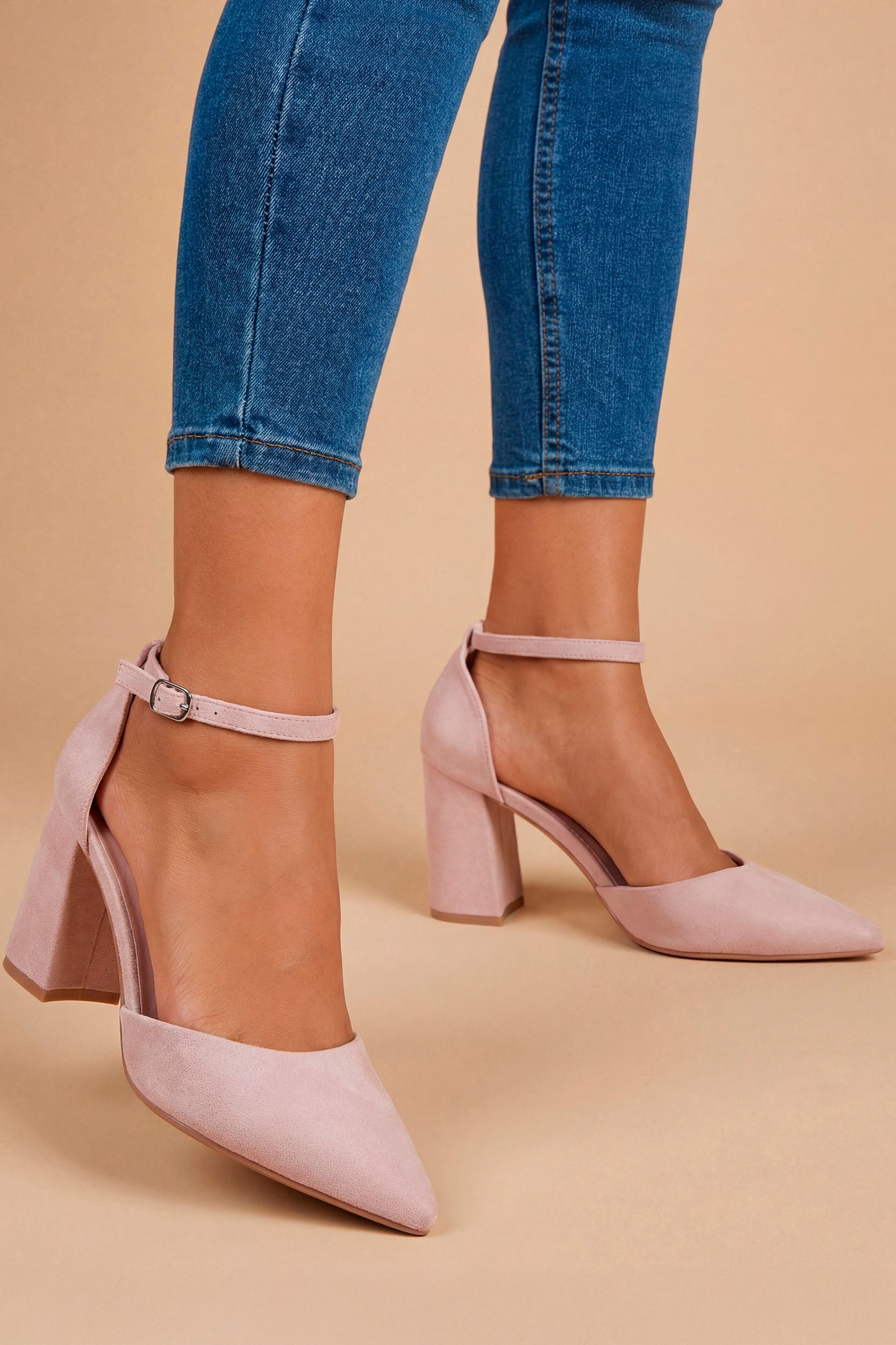 Dorothy Perkins Blanche Faux Suede Ankle Strap Pointed High Block Heel Court Shoes Pink