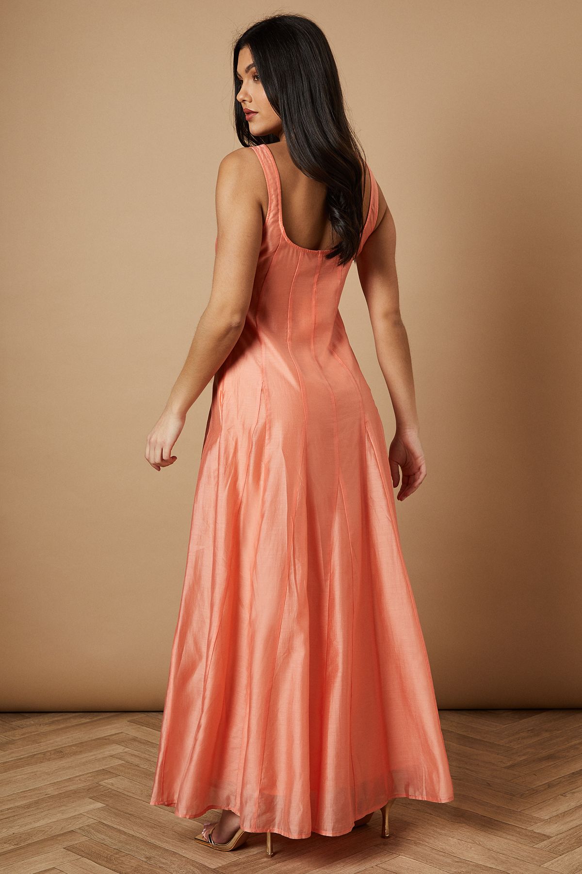 Oasis Plain Godet Seam Detail Maxi Dress Peach image 3