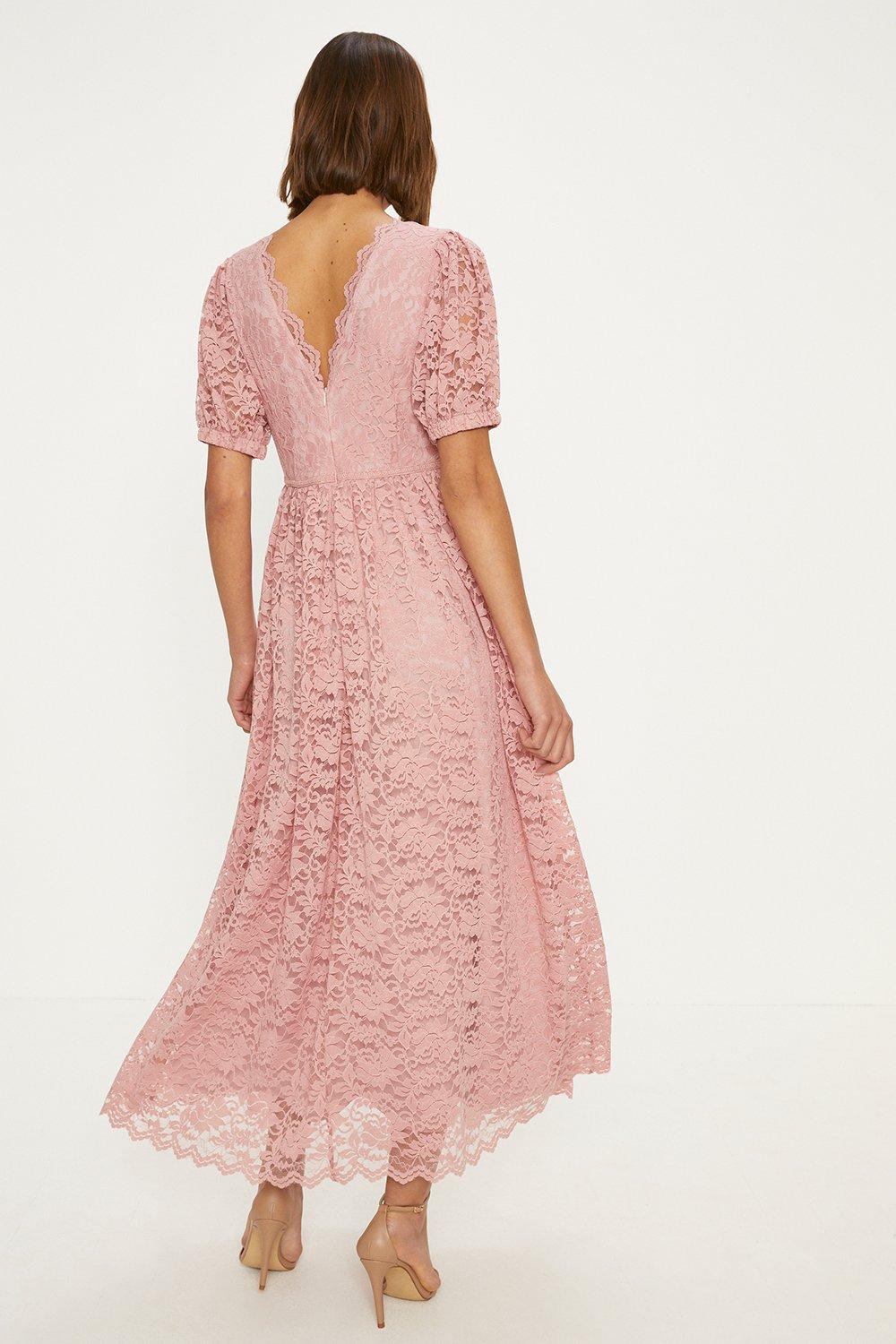 Oasis Lace Puff Sleeve V Neck Midaxi Dress Dusty Pink image 3