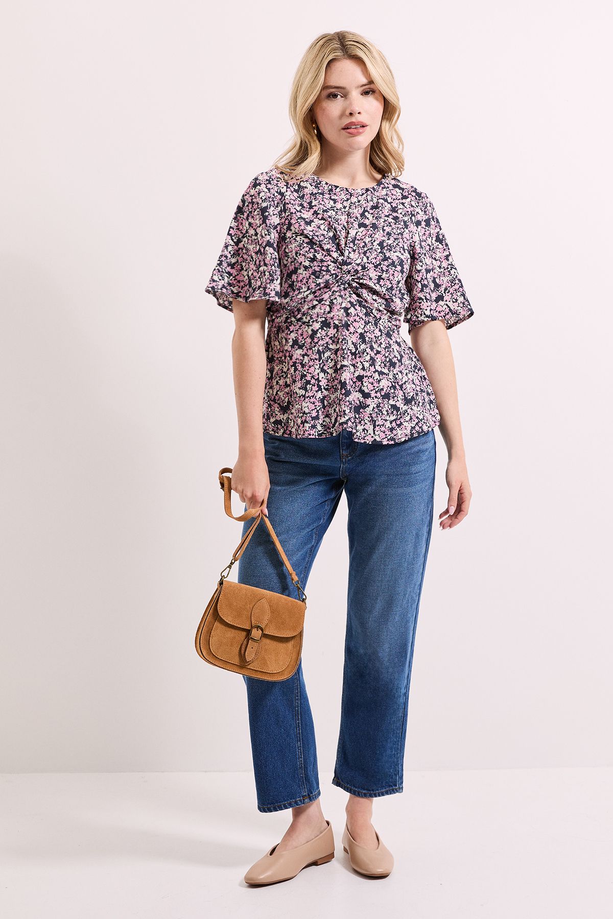 Dorothy Perkins Pink Floral Twist Front Angel Sleeve Top Floral