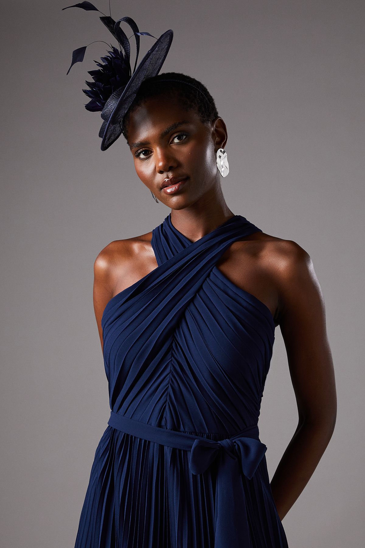 Coast Pleated Halter Neck Lace Insert Midi Dress Navy image 4