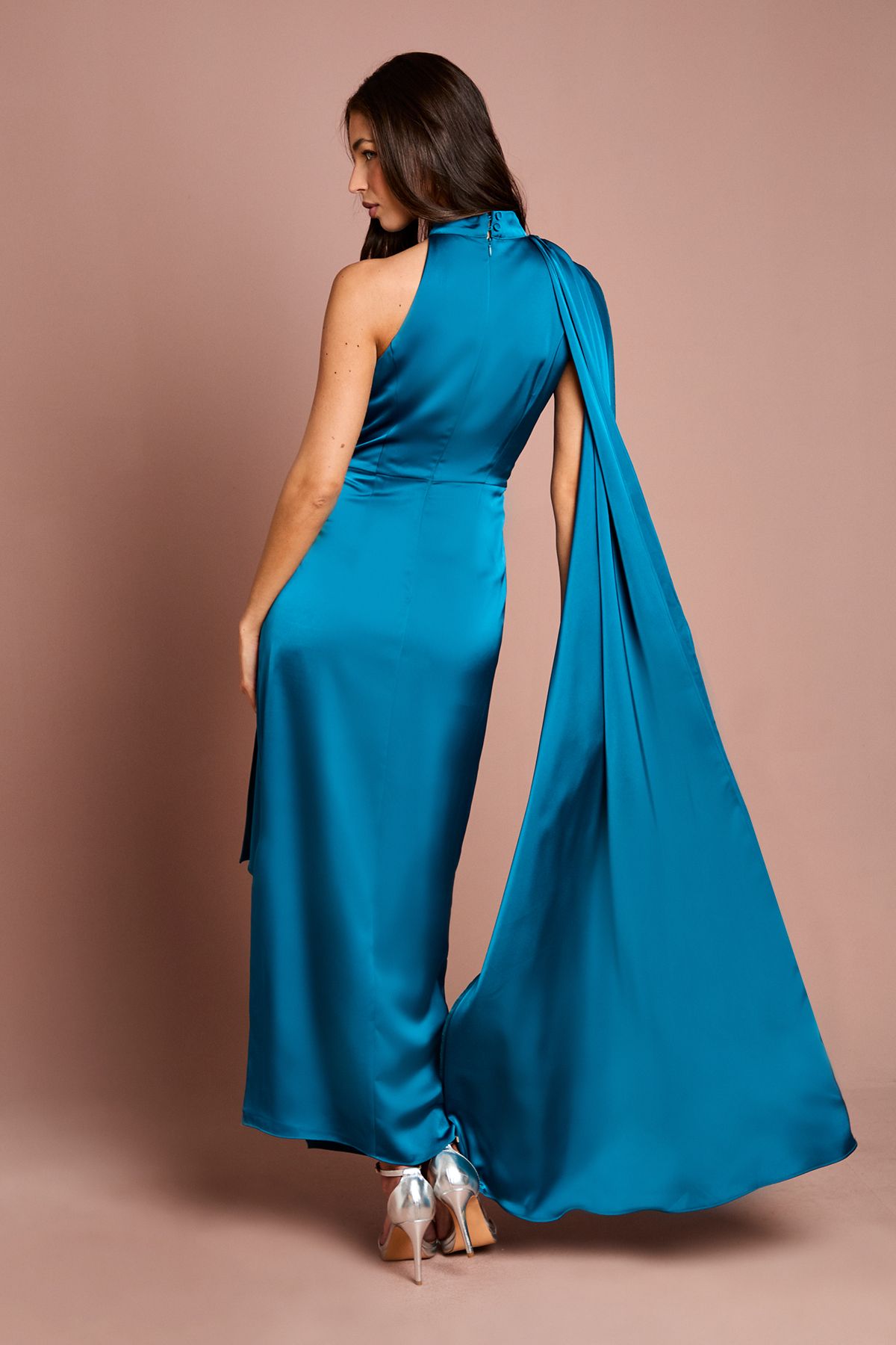 Coast Satin Ruched Detail Cap Midi Dress Teal image 3