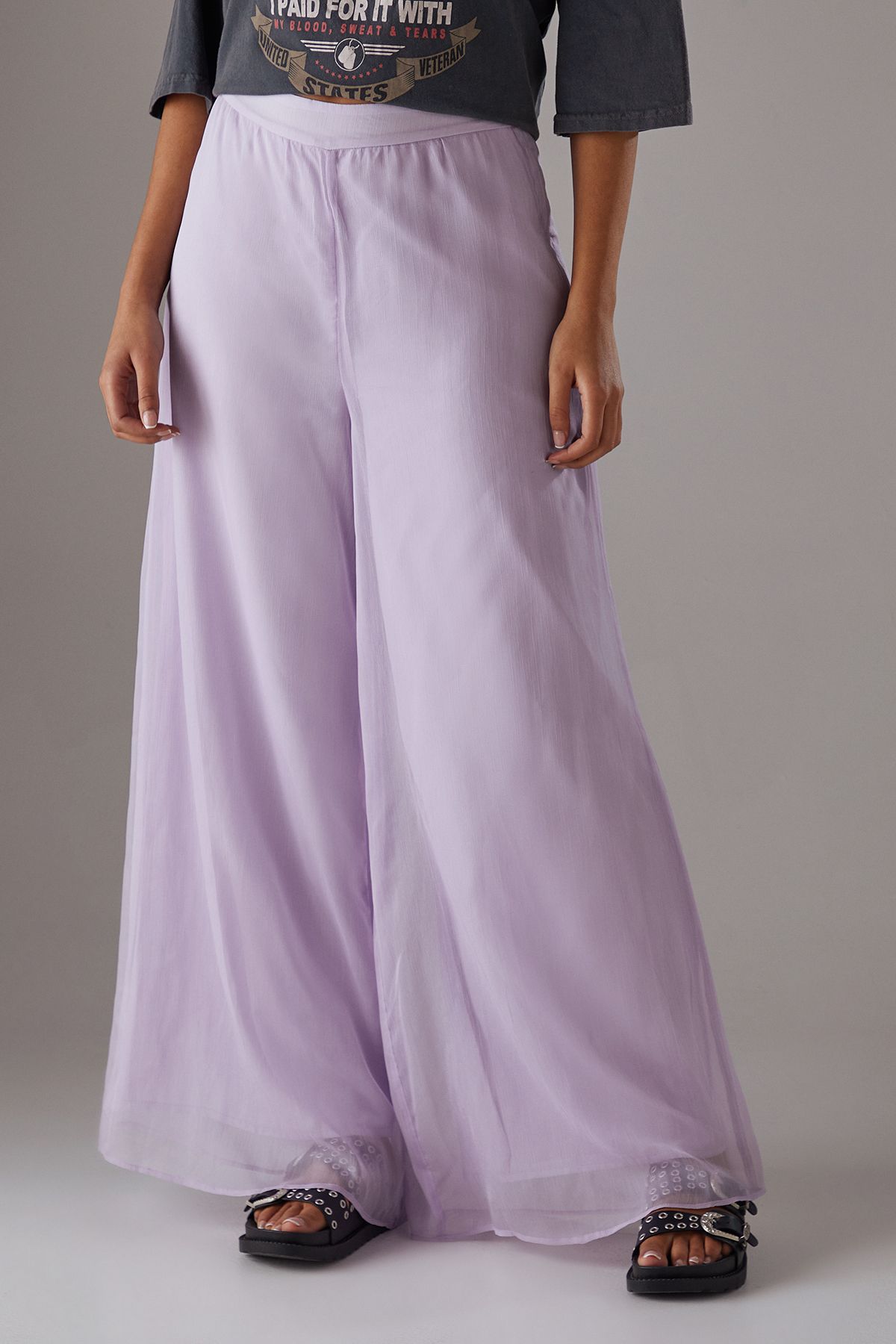 Warehouse Chiffon High Waisted Wide Leg Trousers Lilac image 2