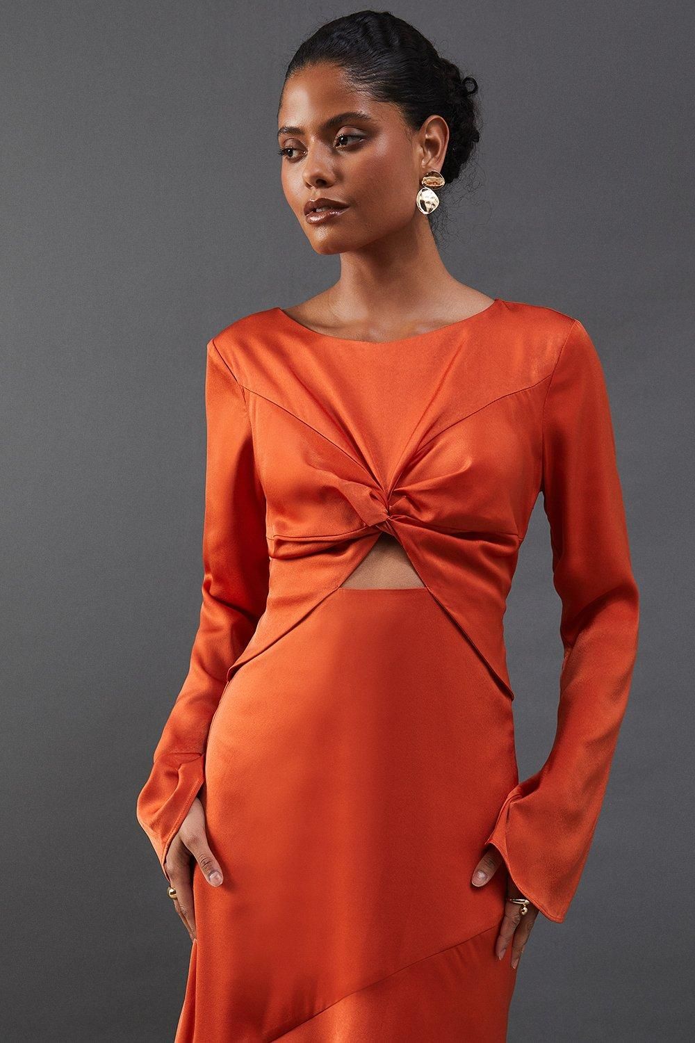 Warehouse Satin Twist Front Bias Midi Dress Orange image 4