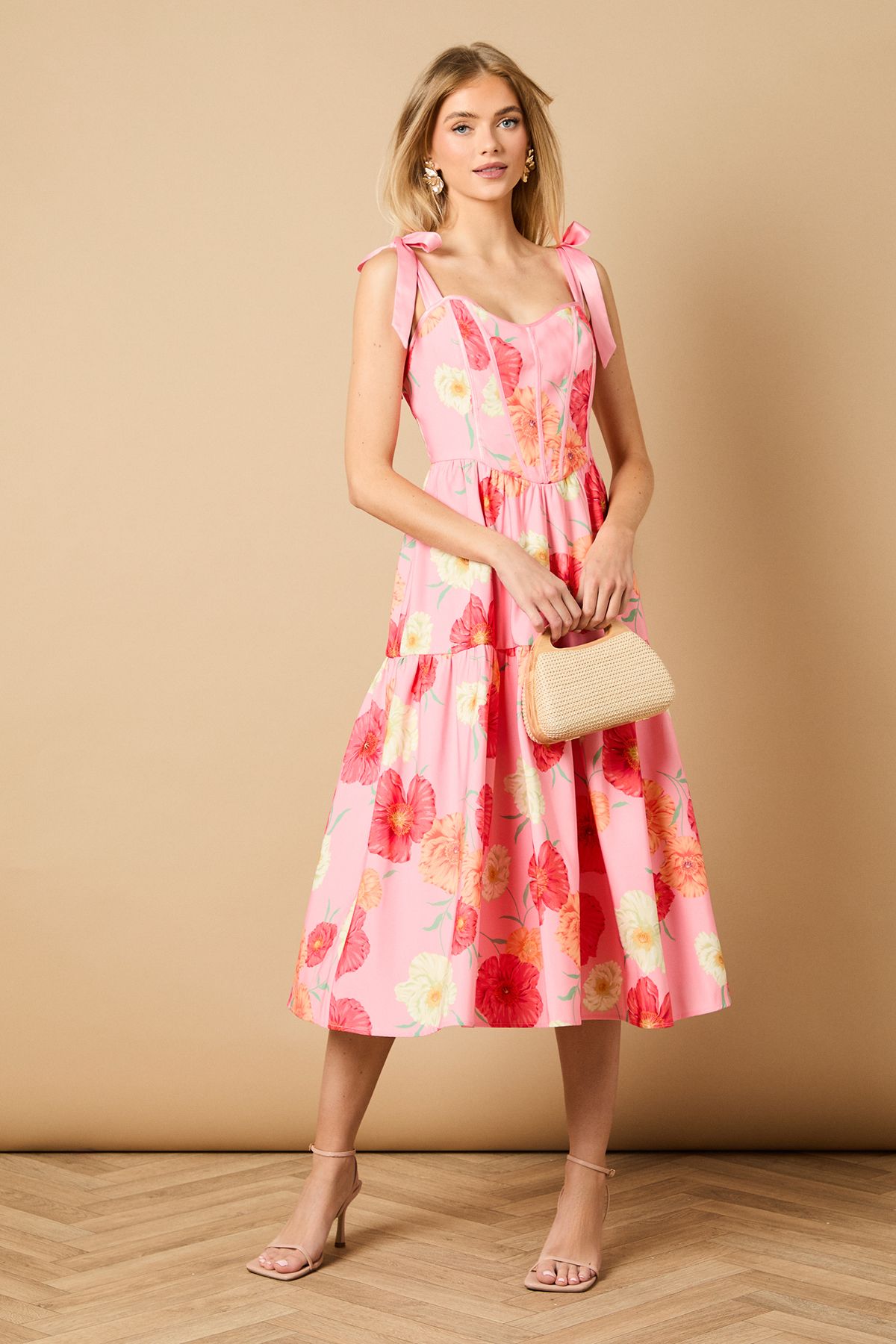 Oasis Corset Detail Bow Tie Strap Midi Dress Pink image 1